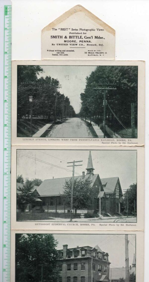 Moore Pennsylvania 4 View Fold Out Churches School Vintage Postcard AA101855