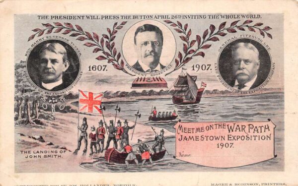 Jamestown Expo Landing of John Smith President Roosevelt Postcard AA101884
