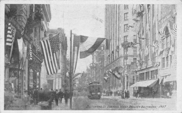 Baltimore Maryland Baltimore St Looking West Patriotic Decor Postcard AA101886