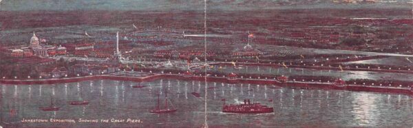 Jamestown Expo The Great Piers Birds Eye View at Night Bi-Fold Postcard AA101892