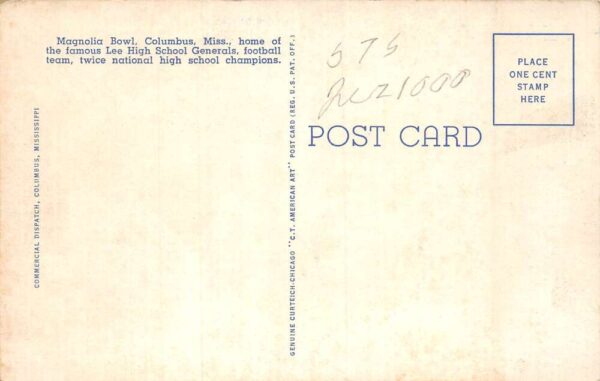 Columbus Mississippi Magnolia Bowl Football Field Vintage Postcard AA101996 - Image 2