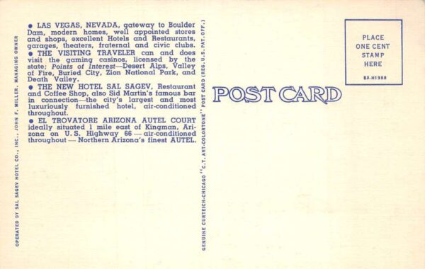 Kingman Arizona El Trovatore Motel Sal Sageu Hotel Route 66 Postcard AA101998 - Image 2