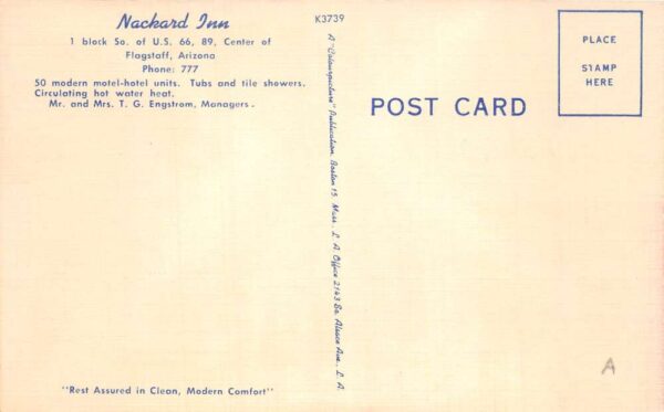 Flagstaff Arizona Nackard Inn Route 66 Vintage Postcard AA101999 - Image 2
