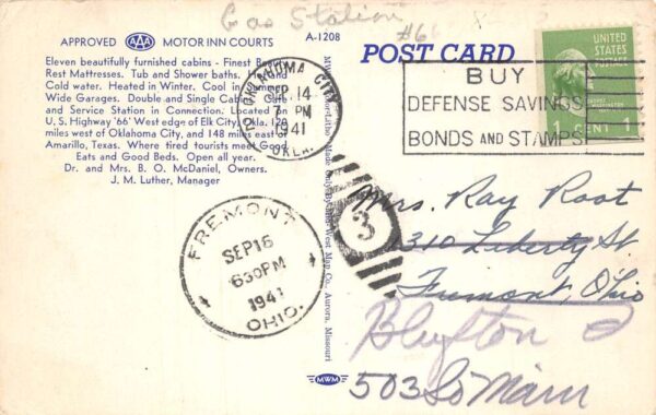 Elk City Oklahoma Motor Inn Courts Texaco Gas Station Route 66 Postcard AA102000 - Image 2