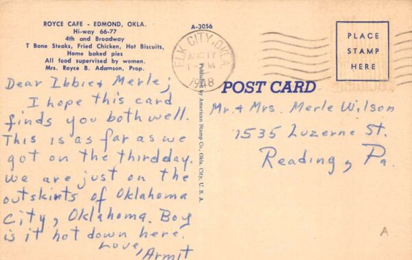 Edmond Oklahoma Royce Cafe Route 66 Vintage Postcard AA102001 - Image 2