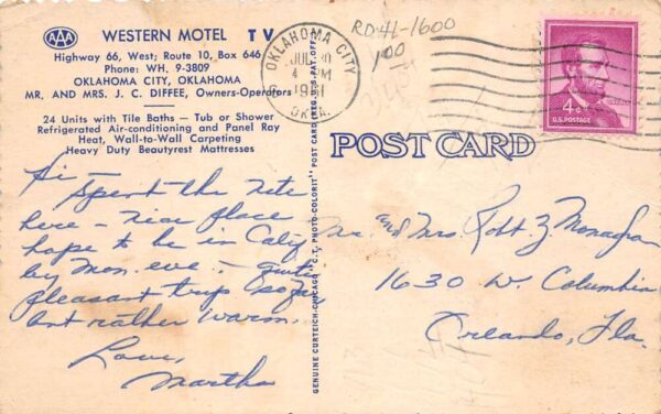 Oklahoma City Oklahoma Western Motel Route 66 Vintage Postcard AA102002 - Image 2