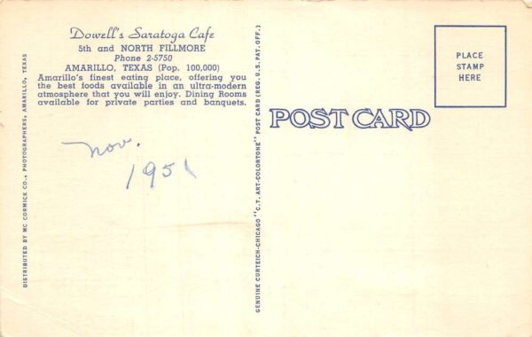 Amarillo Texas Dowells Saratoga Cafe Linen Vintage Postcard AA102004 - Image 2