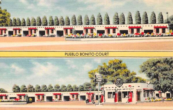 Albuquerque New Mexico Pueblo Bonito Court Gas Station Vintage Postcard AA102007
