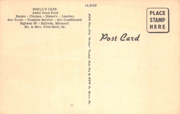 Sullivan Missouri Snell's Cafe Route 66 Vintage Postcard AA102009 - Image 2