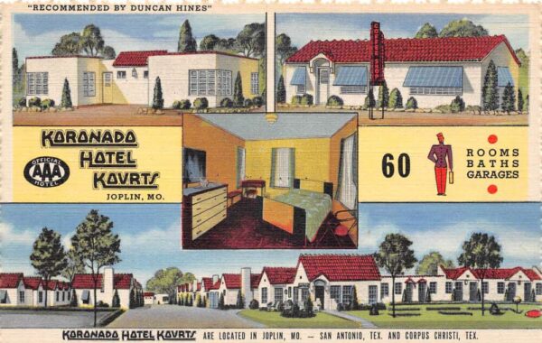 Joplin Missouri Koronado Hotel Kourts Route 66 Vintage Postcard AA102011