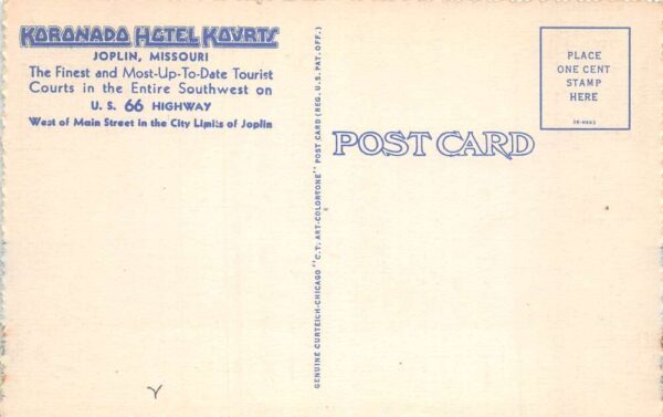 Joplin Missouri Koronado Hotel Kourts Route 66 Vintage Postcard AA102011 - Image 2