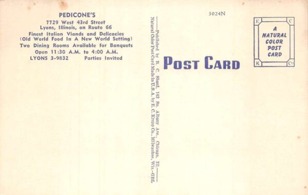Lyons Illinois Pedicone's Restaurant Route 66 Vintage Postcard AA102012 - Image 2