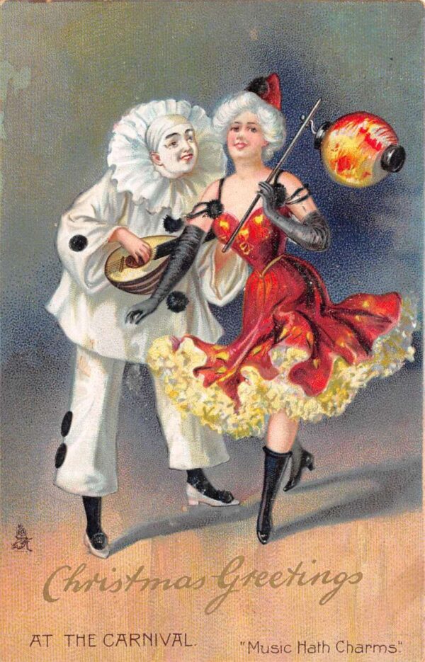 Christmas Greetings Clown Pierrot Dancer Girl Carnival Tuck Postcard AA102033