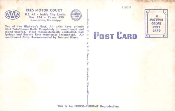 Booneville Mississippi Rees Motor Court Vintage Postcard AA102056 - Image 2