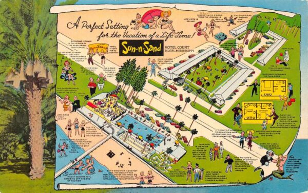 Biloxi Mississippi Sun-N-Sand Hotel Court Map Ad Vintage Postcard AA102057