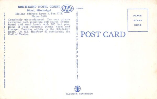 Biloxi Mississippi Sun-N-Sand Hotel Court Map Ad Vintage Postcard AA102057 - Image 2