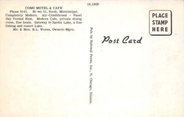 Como Mississippi Motel and Cafe Vintage Postcard AA102060 - Image 2
