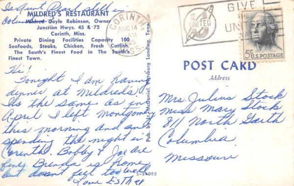 Corinth Mississippi Mildred's Restaurant Vintage Postcard AA102063 - Image 2