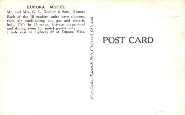 Eupora Mississippi Eupora Motel Vintage Postcard AA102064 - Image 2