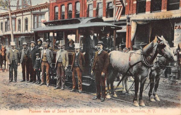 Oneonta New York Pioneer View Street Car Trolley Fire Dept Postcard AA102071
