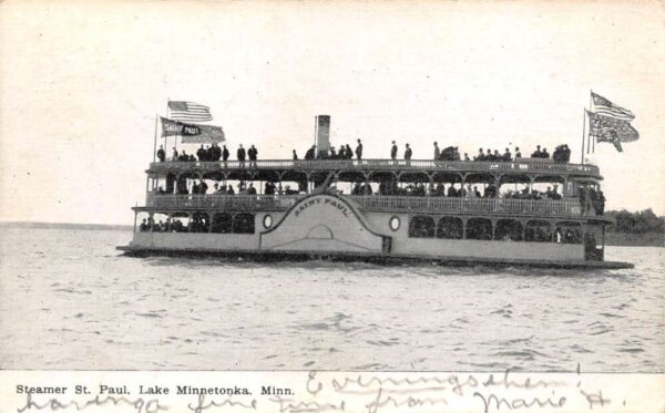 Lake Minnetonka Minnesota Steamer St. Paul, B/W Lithograph, Vintage PC U23469