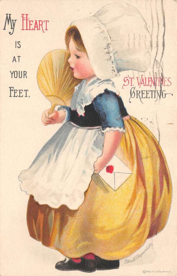 Valentine's Day Greeting, Clapsaddle Child With Bonnet & Hand Fan, PC U23495