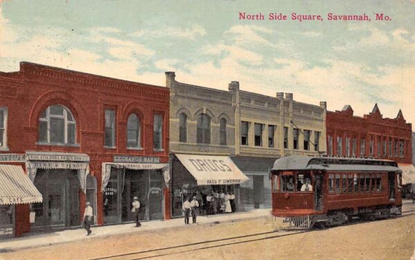 Savannah Missouri North Side Square, Drug Store & Trolley, Vintage PC U23500