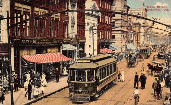 Norfolk Virginia Main Street, Trolley, Vintage Postcard U23515