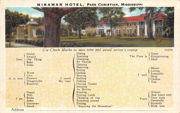 Pass Christian Mississippi Miramar Hotel, Busy Correspondence Card, PC U23534
