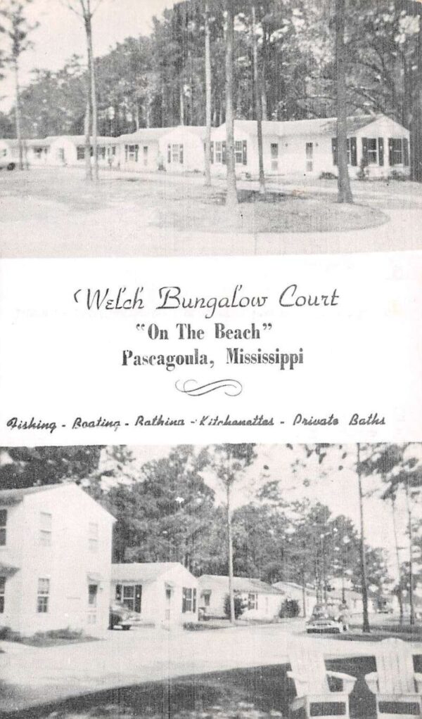 Pascagoula Mississippi Welch Bungalow Court, B/W Chrome, Vintage Postcard U23535