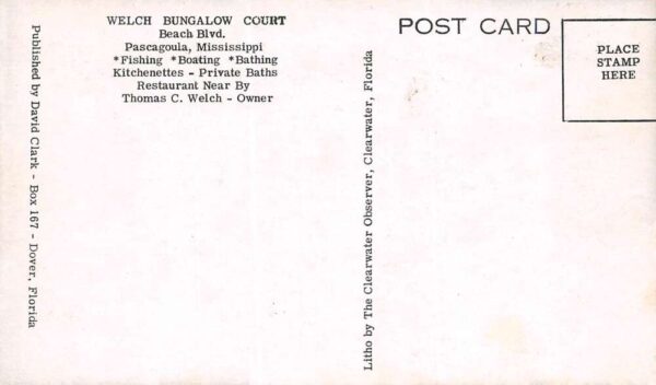 Pascagoula Mississippi Welch Bungalow Court, B/W Chrome, Vintage Postcard U23535 - Image 2