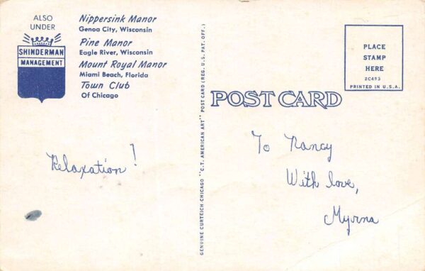 Pewaukee Lake Wisconsin Oakton Manor Health Spa, Vintage Postcard U23540 - Image 2