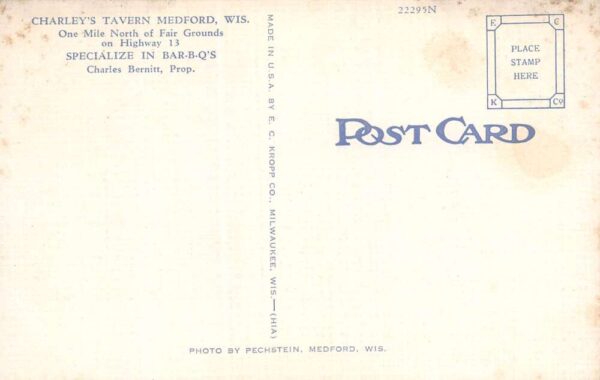 Medford Wisconsin Charley's Tavern, Sky Tinted Linen, Vintage Postcard U23541 - Image 2
