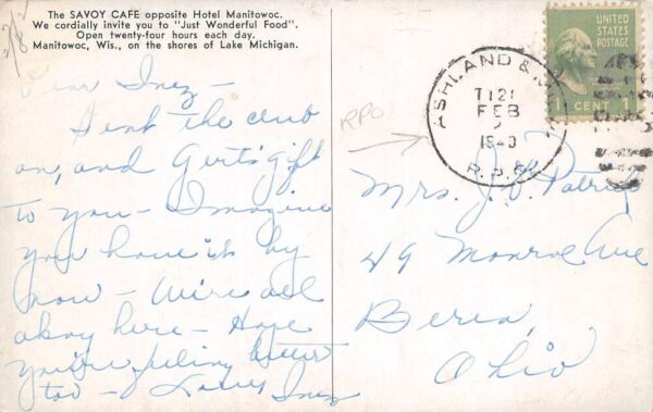 Manitowoc Wisconsin Savoy Cafe, B/W Chrome, Vintage Postcard U23542 - Image 2