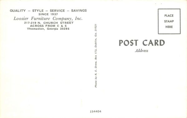 Thomaston Georgia Loosier Furniture Company, Inc., Vintage Postcard U23548 - Image 2