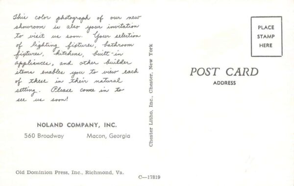Macon Georgia Noland Co. Home Fixtures Showroom, Vintage Postcard U23549 - Image 2