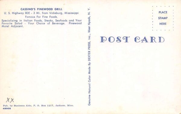 Vicksburg Mississippi Cassino's Pinewood Grill, Chrome, Vintage Postcard U23550 - Image 2