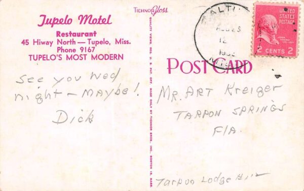 Tupelo Mississippi Tupelo Motel, Standard Oil Gas Pumps, Vintage Postcard U23553 - Image 2