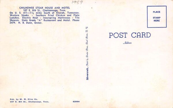 Chattanooga Tennessee Chilhowee Steak House & Motel, Vintage Postcard U23558 - Image 2