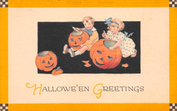 Gibson Art Co., Rare Halloween, Children Carving Jack-O-Lanterns, PC U23561