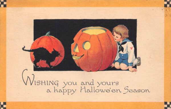 Gibson Art Co., Rare Halloween, Child, Jack-O-Lantern & Black Cat, PC U23562