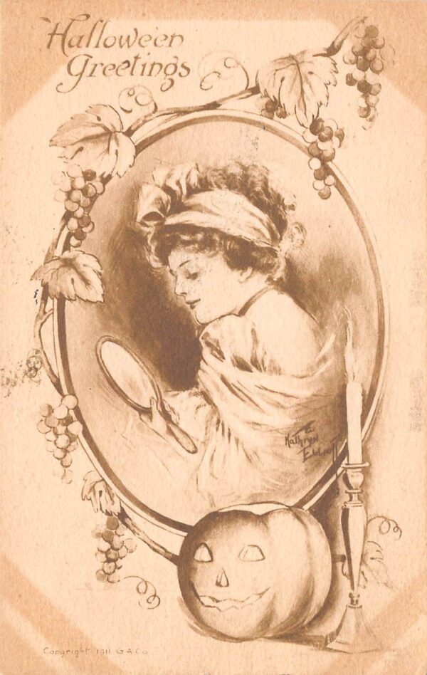 Gibson Art Co., Pretty Lady With Jack-O-Lantern, Candle & Mirror, PC U23566