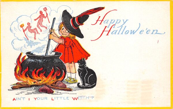 Gibson Art Co., Halloween, Child Witch W/ Cauldron & Black Cat, U23567