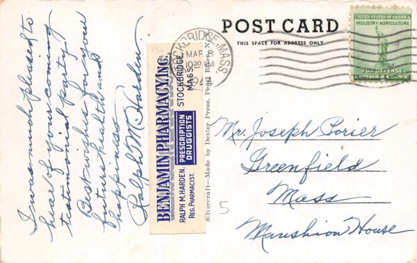 Stockbridge Massachusetts The Drug Store, Vintage Postcard U23587 - Image 2