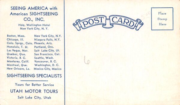 Salt Lake City Utah Utah Motor Tours, American Sightseeing Co., Postcard U23588 - Image 2