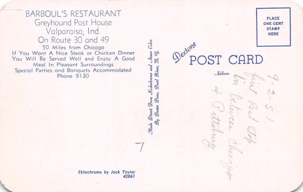 Valparaiso Indiana Barboul's Restaurant & Greyhound Post House, PC U23589 - Image 2