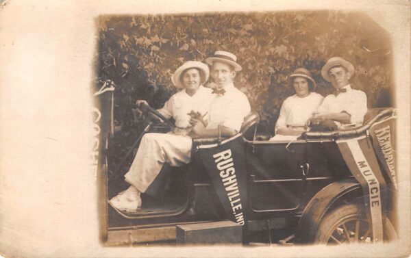 Indiana Studio Photo, Auto With Couples, Pennants From Indiana, RPPC U23613