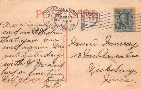 Meridian Mississippi Masonic Temple Vintage Postcard AA102242 - Image 2