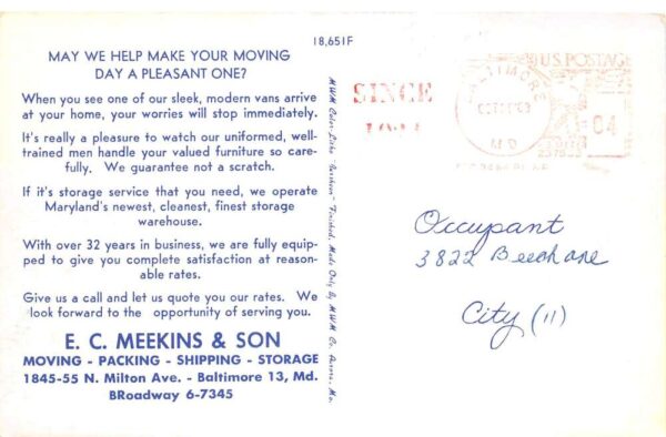 Baltimore Maryland EC Meekins and Son Moving Truck Storage Ad Postcard AA102252 - Image 2
