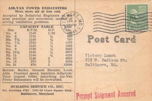 Baltimore Maryland Air Van Power Exhauster Car Part Ad Vintage Postcard AA102254 - Image 2
